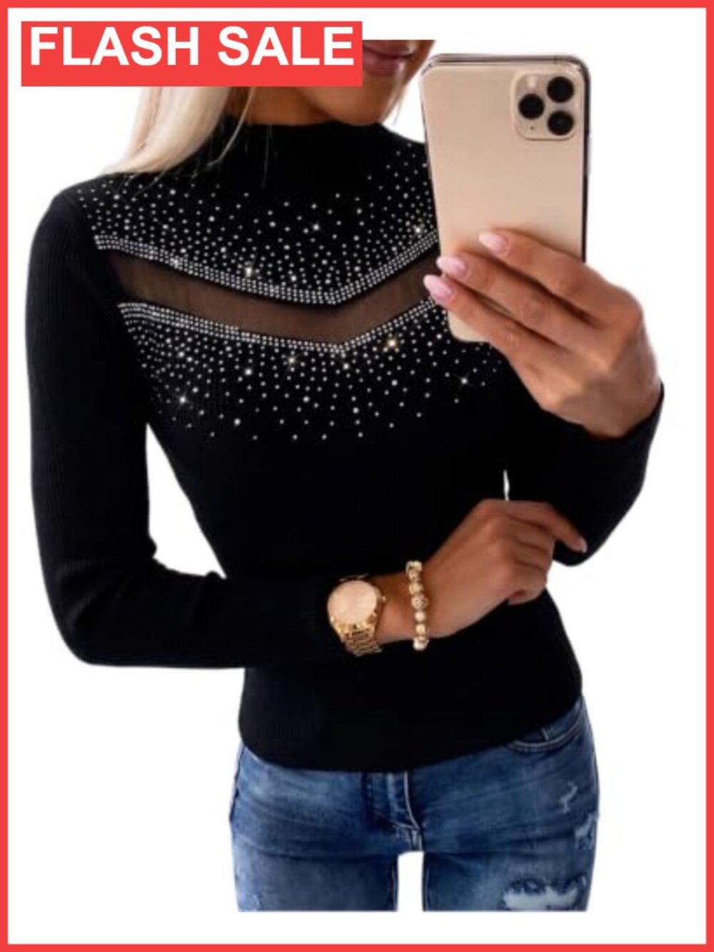Womens Rhinestone Mesh Long Sleeve Mock Neck Party Top